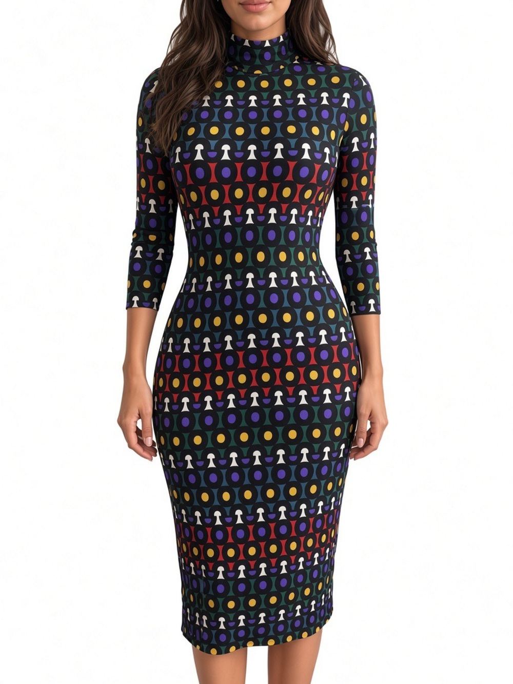 Alice + Olivia Multicolor Geometric Mock Neck Midi Dress